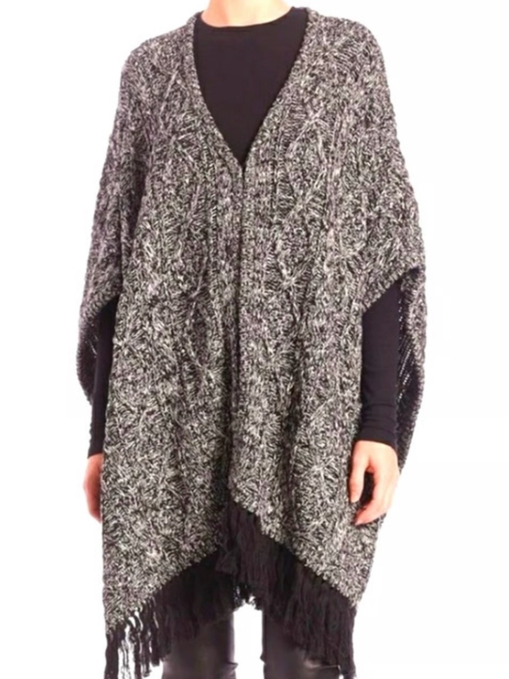 Alice + Olivia Black and Gray Marled Cable Knit Poncho with Fringe